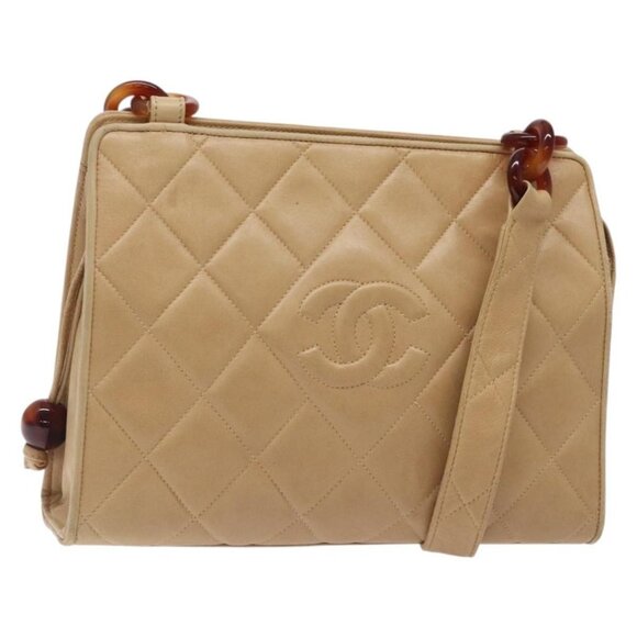 CHANEL Matelasse COCO Mark Chain Shoulder Bag Lamb Skin Beige CC Auth BA4210 - Picture 1 of 16